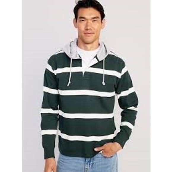 Old‎ Navy Rugby Hoodie Glorious Pine Green Stripe Pullover XL NWT - Picture 1 of 8